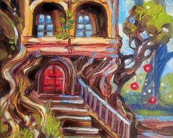 Fairy House Oil Painting, 8x8 Fantasy Tree Cottage Wall Art, Whimsical Magic Home, Original Oil painting First home gift Tree house painting