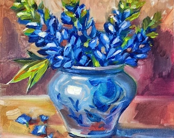 Blue Lupines in Vintage Vase, Original Oil Painting 10x10, Floral Still Life Artwork, Cottagecore Home Decor, Flower Lover Gift Lupines Art