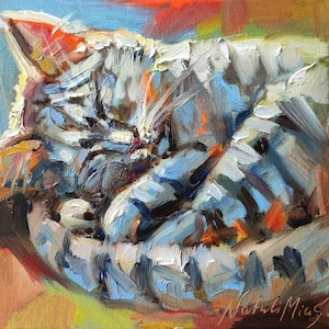 Sleeping Cat Oil Painting, 8x8 Original Artwork, Cozy Feline Wall Art, Tabby Cat Impressionist Painting, Handmade cute cat Lover Gift