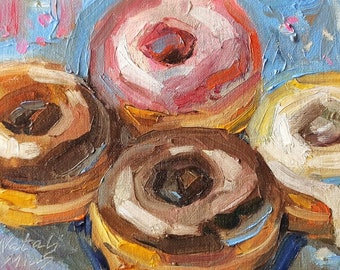 Donas Pintura al óleo original 6x8'' Arte de pared acogedor Pintura al óleo pequeña Arte de pared de cocina Pintura de café Pintura de pastel Pintura de comida Regalo para ella
