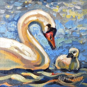 Swans Mom and baby Original oil painting 6x6&#39;&#39; Cute art painting swan art work bird painting Gift for mom Swan painting motherhood art