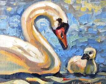 Cigni mamma e cucciolo Dipinto ad olio originale Simpatico dipinto artistico cigno opera d'arte dipinto uccello Regalo per la mamma Dipinto di cigno maternità arte