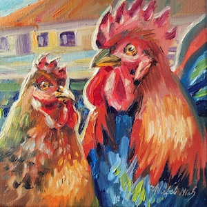 Rooster and hen Original oil painting 8x8'' Cottagecore farm art painting chicken art work hen painting Chicken Painting rooster bird art
