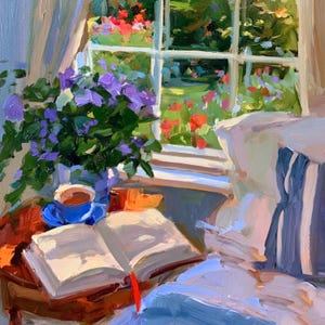 Peut inclure: Une peinture à l'huile représentant un livre ouvert posé sur une table en bois à côté d'une tasse à thé bleue et d'un arrangement floral violet vif. Une fenêtre en arrière-plan révèle un jardin ensoleillé avec du feuillage vert et des fleurs rouges.