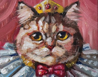 Katten Drottningen Original oljemålning 8x8" Drottningkattmålning Kattporträtt Handmålad konstverk Djurkonst Kattoljemålning