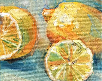 May include: An oil painting on canvas depicting a whole yellow lemon and two sliced lemon halves. The composition features thick, visible brushstrokes in shades of bright yellow, orange, and green, set against a textured blue and gray background.