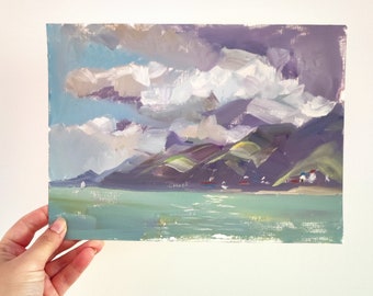 海の風景画、雲のある青い海の絵、海の絵、海のアート、手作りの油絵