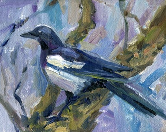 Pie Peinture à l'huile originale Peinture d'oiseau Art mural d'oiseau Oeuvre d'art de pie peignant l'art d'oiseau. Peinture de forêt Peinture de pie Nature Paysage