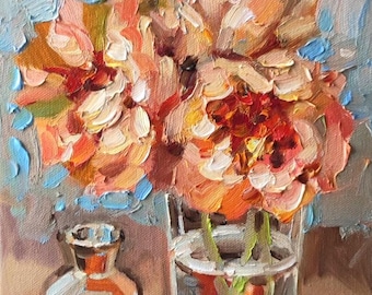 Original oil painting peony pink flowers Vintage style art Peonies oil painting Bouquet painting Floral painting Chinese rose painting