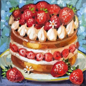 Strawberry cake Original oil painting on canvas 8x8&#39;&#39; Tasty art for kitchen cake painting colorful still life food Painting by NataliMias