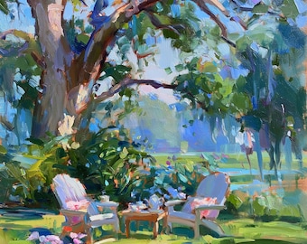 Tuinmeer Thee Olieverfschilderij op canvas, op bestelling gemaakt Landschap Muurdecoratie