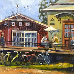 Cafe on the marine Finnish landscape Original painting landscape large oil painting on canvas 16x20&#39;&#39; cafe painting summer painting vintage