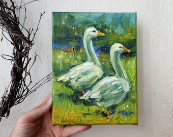 ガチョウの絵画 アヒル オリジナルアート 農場の動物の油絵 ペット