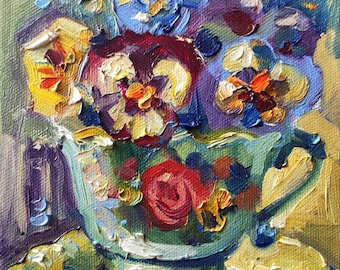 Viole del pensiero in tazza vintage, dipinto ad olio originale 6x6'' Cottage core Dipinto di viole del pensiero Dipinto ad olio di viole del pensiero Regalo per mamma Insegnante Compleanno