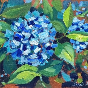 Pintura a óleo original de hortênsia azul 7x9'' pintura de hortênsias azuis presente de hortênsia pintura a óleo Pintura floral flores arte Presentes para ela