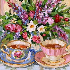 Två tekoppar och blommor oljemålning på duk, beställningsgjord köksväggkonst bröllopspresentmålning konst för café jubileumspresentmålning