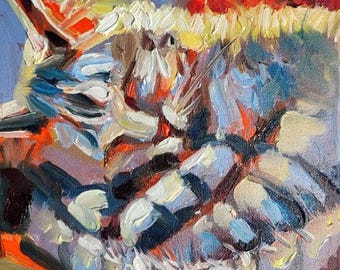 Cuadro al óleo de un gato durmiendo, obra de arte original de 8x8 pulgadas, acogedora decoración felina para la pared, pintura impresionista de un gato atigrado, regalo adorable hecho a mano para amantes de los gatos.