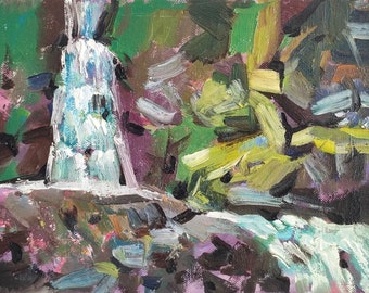 Cascade, peinture à l'huile originale 6 x 8 po. Peinture cascade forestière. Peinture à l'huile d'empâtements de montagne, peinture de montagnes, peinture de rivière de montagne