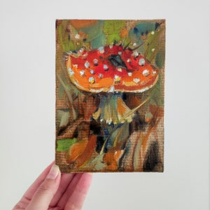 Fly Agaric Mushroom Oil Painting: Cottagecore Forest Art, 5x7 Canvas