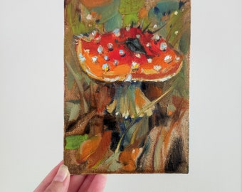 Mushroom Fly agaric original oil painting. Cottagecore forest oil painting. Vintage style oil painting on canvas board. Mushrooms wall art