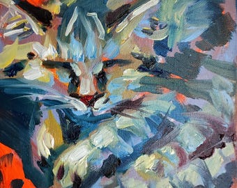 Sleeping Cat Oil Painting, 8x8 Original Artwork, Cozy Feline Wall Art, Tabby Cat Impressionist Painting, Handmade cute cat Lover Gift