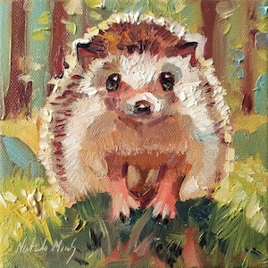 Hedgehog Original oil painting 6x6&#39;&#39; Cottagecore forest animal wall art Hedgehog oil painting Hedgehog art Forest oil painting Cute hedgehog