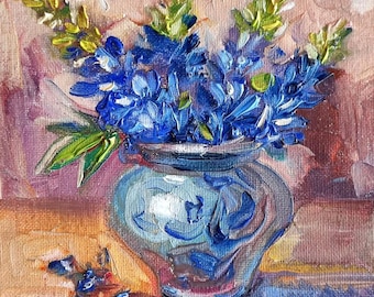 Lupine Flower Oil Painting: Vintage Vase Still Life, Cottagecore Art