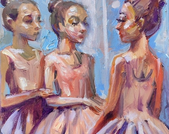 Dipinto ad olio di una ballerina, tre ragazze del balletto nel backstage, opera figurativa originale, decorazione romantica per la camera delle ragazze, pittura di balletto, arte impressionista