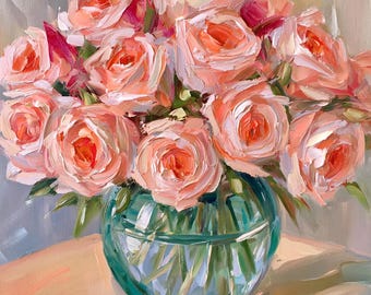 Bouquet de roses rose poudré, peinture à l'huile sur toile, réalisée sur commande. Art mural floral.