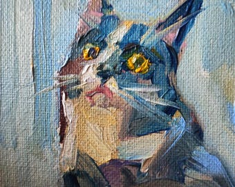 Ritratto di gatto in bianco e nero - Dipinto ad olio minimalista, decorazione rustica in stile fattoria, opera d'arte impressionista originale da parete