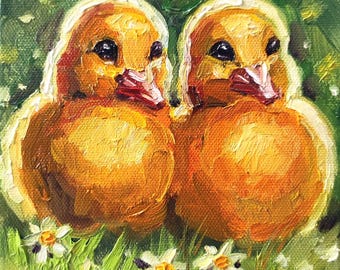 Kleine eendjes origineel olieverfschilderij 6 x 6'' twee gele pluizige eend kunst vogel schilderij eend schilderij boerderij schilderij eend olieverfschilderij boerderij kunst