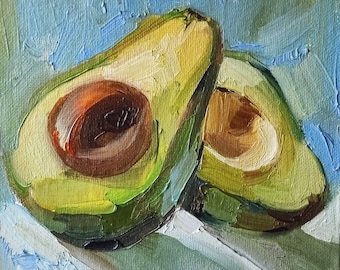 Avocado oil painting 6x6'' Avocado Painting Food Impasto Original Art English Breakfast Artwork Kitchen Wall Vegetarian Art by NataliMias