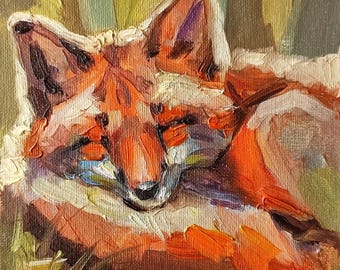 Sleeping fox original oil painting Cottagecore forest animal wall art Cute Fox painting Cozy Forest Wall Decor Whimsical Nature Painting Art