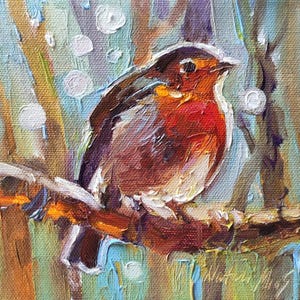 Robin bird, Original oil painting 6x6&#39;&#39; Original bird wall art. Bird painting Rustic Bird Art Robin painting, Bird Moody Bird Art