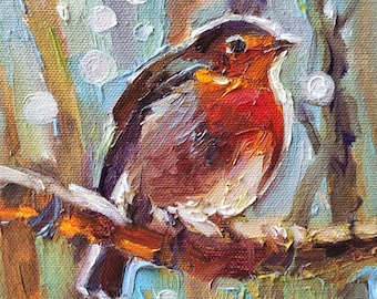 キャンバスに描かれた 8 x 8 インチの小さな油絵。ロビン鳥
