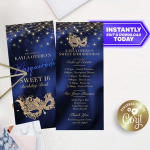 Masquerade Ball Sweet 16 or Quinceanera Birthday Party BLUE and Gold Editable Digital Itinerary Program Card Template - Edit & Print Today!