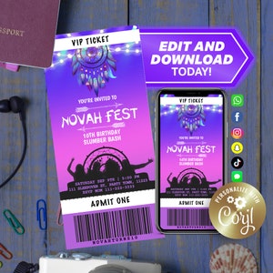 Musik Festival Geburtstag Mädchen VIP TICKET Einladung Party Konzert Pyjama Fest Digitale und druckbare Vorlage - Einfach Bearbeiten Herunterladen & Teilen!