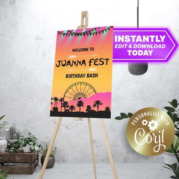 Music Festival WELCOME SIGN Birthday Party Editable Template Edit Download and Print In Minutes!