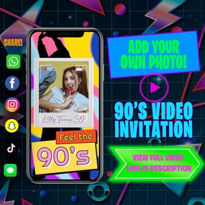 90s Party Invitation Animated Video Invite Back to the 90&#39;s for Birthday Bachelorette or Fun Nostalgia, ADD YOUR PHOTO - Same Day Delivery!