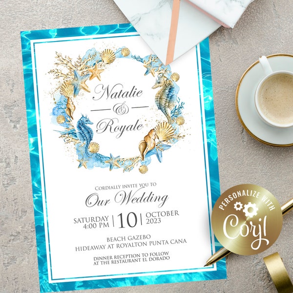 Beach Wedding Invitation Beach Wedding Ceremony Invitation Beach Wedding Invite Beach Wedding Digital Instant Download Edit with Corjl!