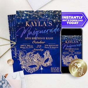 Masquerade Ball Sweet 16 or Quinceanera Birthday Party BLUE and Gold Editable Digital Invitation Template for Any Age or Event- Edit Today!