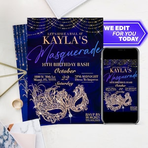 Masquerade Ball Invitation Royal Blue Gold Sweet 16 or Quinceanera Birthday Party Digital Invite Professionally Customized By Us!