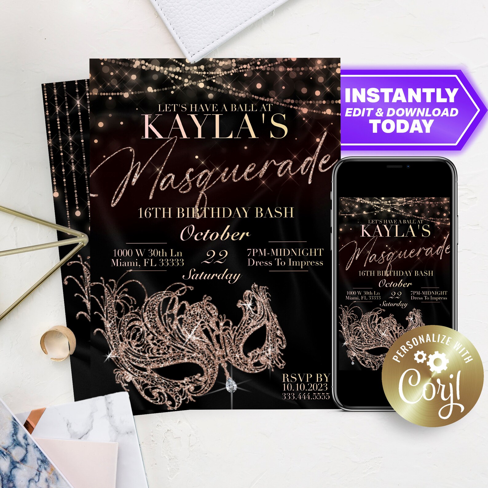 Masquerade Ball Sweet 16 or Quinceanera Birthday Party BLACK and GOLD