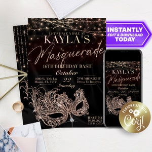 Masquerade Ball Sweet 16 or Quinceanera Birthday Party BLACK and GOLD Editable Digital Invitation Template for Any Age or Event- Edit Today!