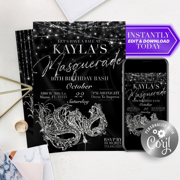 Masquerade Ball Invitation Black & Silver Birthday Party Bachelorette or Wedding Editable Template Invite - Easy Edit and Download!