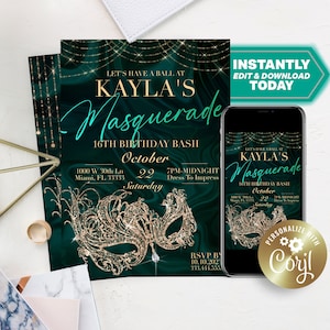 Masquerade Ball Sweet 16 or Quinceanera Birthday Party Emerald GREEN and GOLD Editable Invitation Template for Any Age or Event- Edit Today!