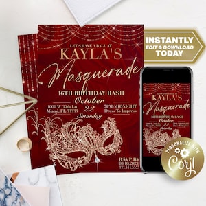 Masquerade Ball Sweet 16 or Quinceanera Birthday Party RED and GOLD Editable Digital Invitation Template for Any Age or Event- Edit Today!