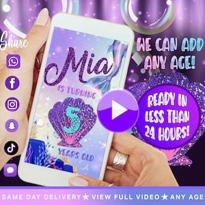 Purple Mermaid Birthday Party Video Invitation ADD YOUR PHOTO Under The Sea Mermaid Animated Digital Invite, Same Day Delivery!