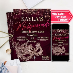 Masquerade Ball Invitation Sweet 16 or Quinceanera Birthday Party RED and GOLD Digital Invite for Any Event Professionally Customized By Us!