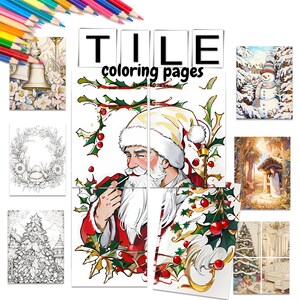 May include: A set of eight black and white Christmas-themed coloring pages. The pages feature a snowman, a wreath, a Christmas tree, a nativity scene, and Santa Claus. The title "TILE coloring pages" is at the top of the image.
